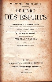 Contracapa da versão de 1860 d'O Livro dos Espíritos, a principal obra publicada por Kardec.